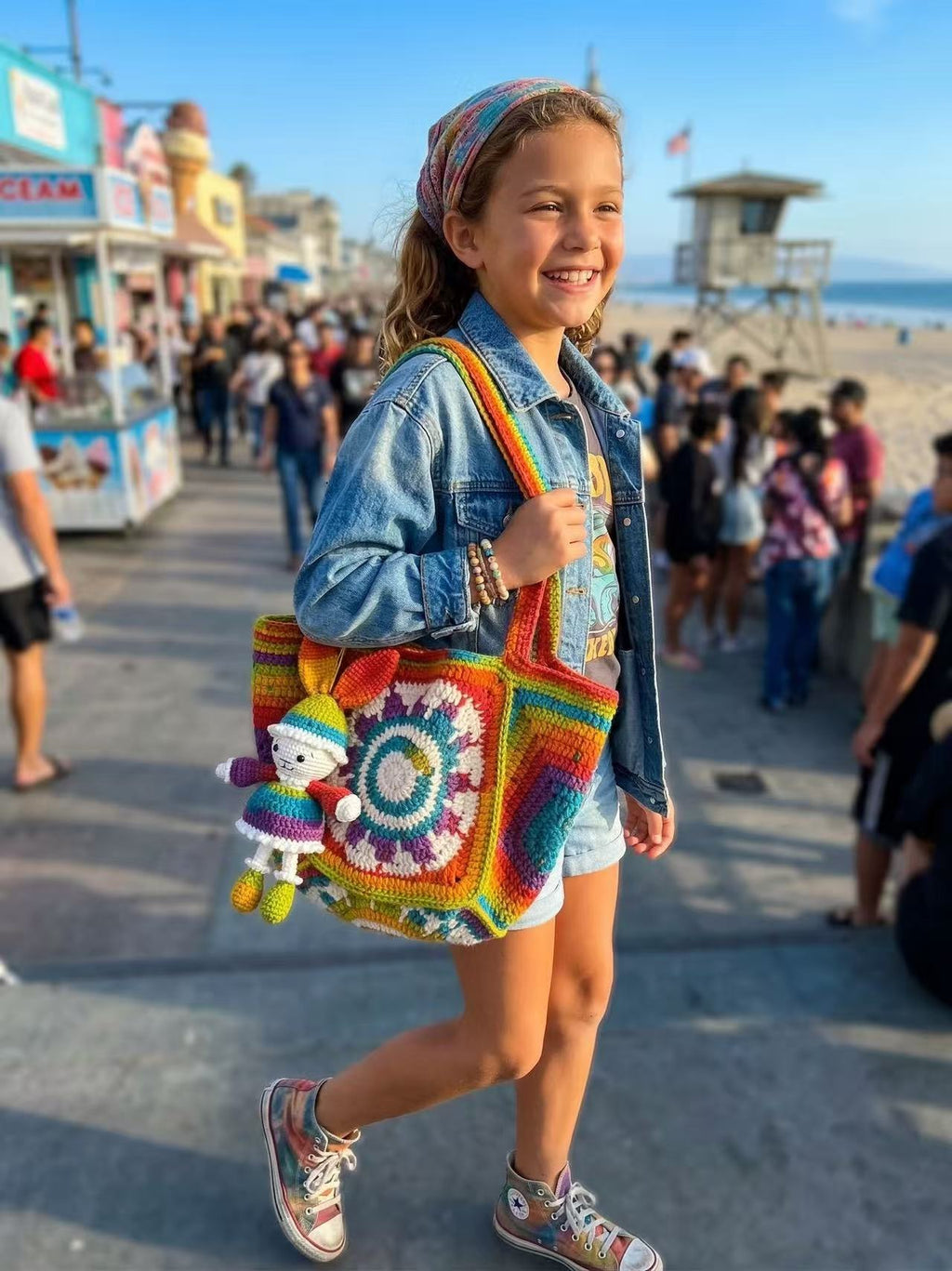 Handmade Crochet Tote Bag, Rainbow Mandala, Boho Hippie Shoulder Bag, Bunny Charm