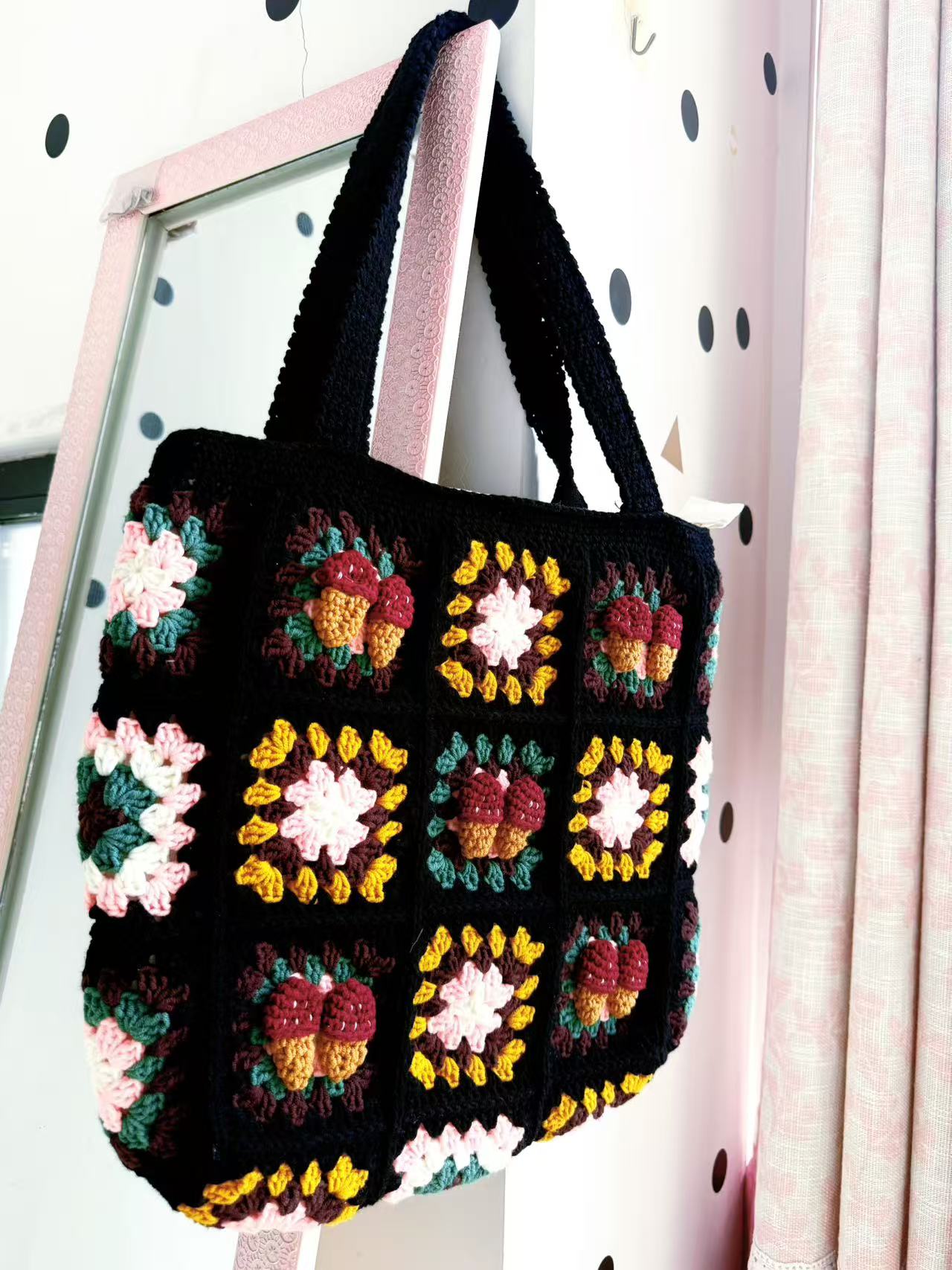 Vintage Crochet Shoulder Bag - Handmade Cotton Knit Tote for Women, Retro Aesthetic