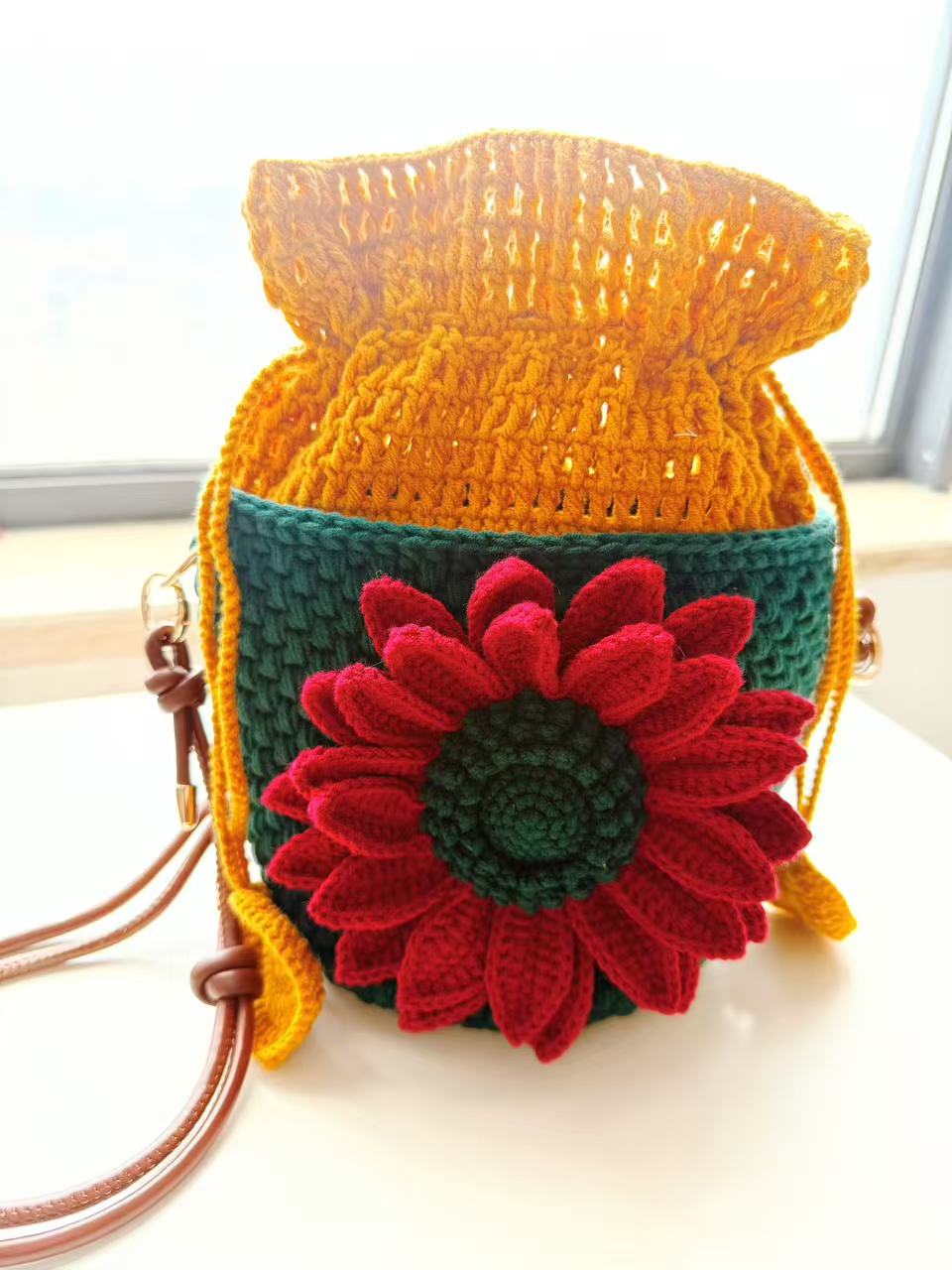 Crochet Shoulder Bag, Hand-Stitched Flower Purse, Chunky Cotton Fiber Art Accessory