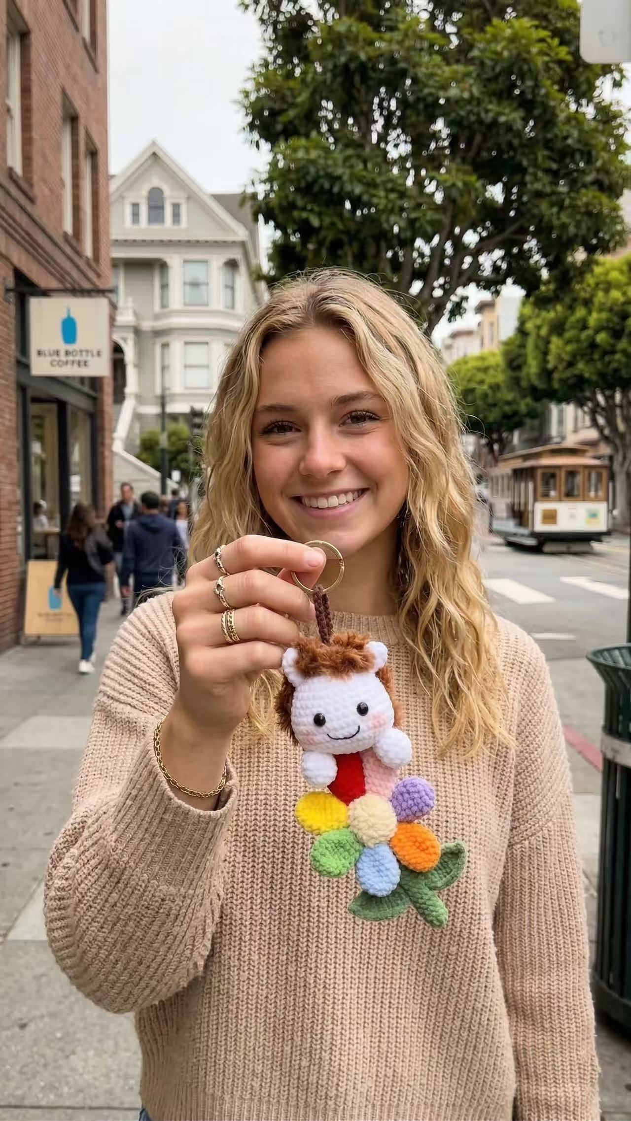 Handmade Crochet Lion Keychain with Rainbow Flower, Amigurumi Animal Bag Charm, Cute Boho Backpack Accessory, Personalized Gift for Her Kids