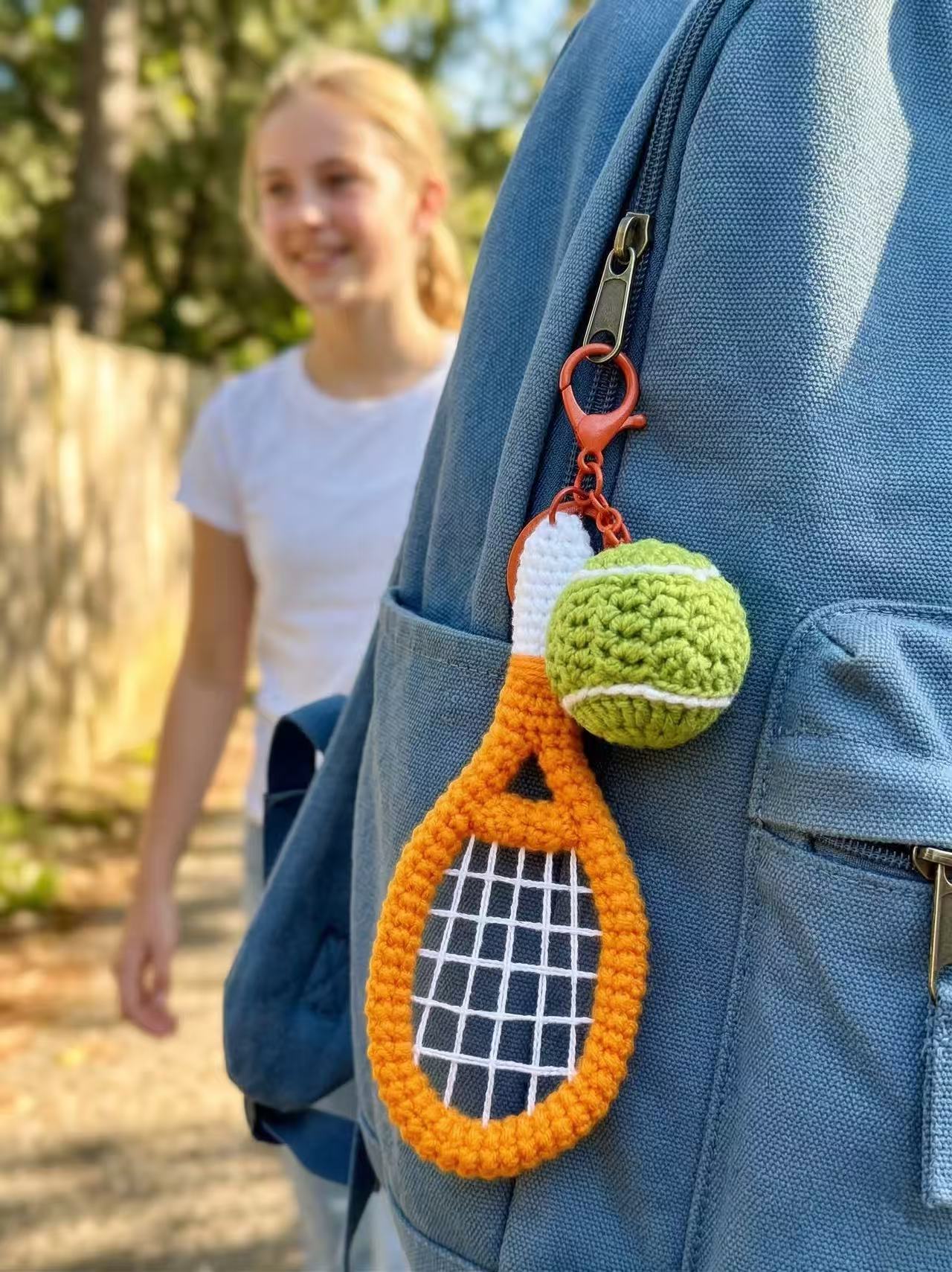 Handmade Crochet Tennis Racket Keychain, Amigurumi Tennis Ball Bag Charm, Gift for Tennis Player, Sporty Yarn Accessories, Orange & Green