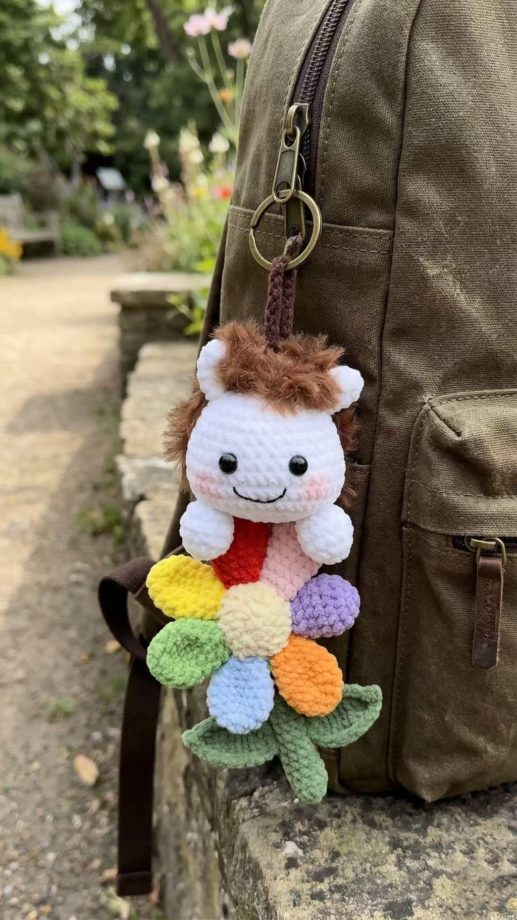 Handmade Crochet Lion Keychain with Rainbow Flower, Amigurumi Animal Bag Charm, Cute Boho Backpack Accessory, Personalized Gift for Her Kids