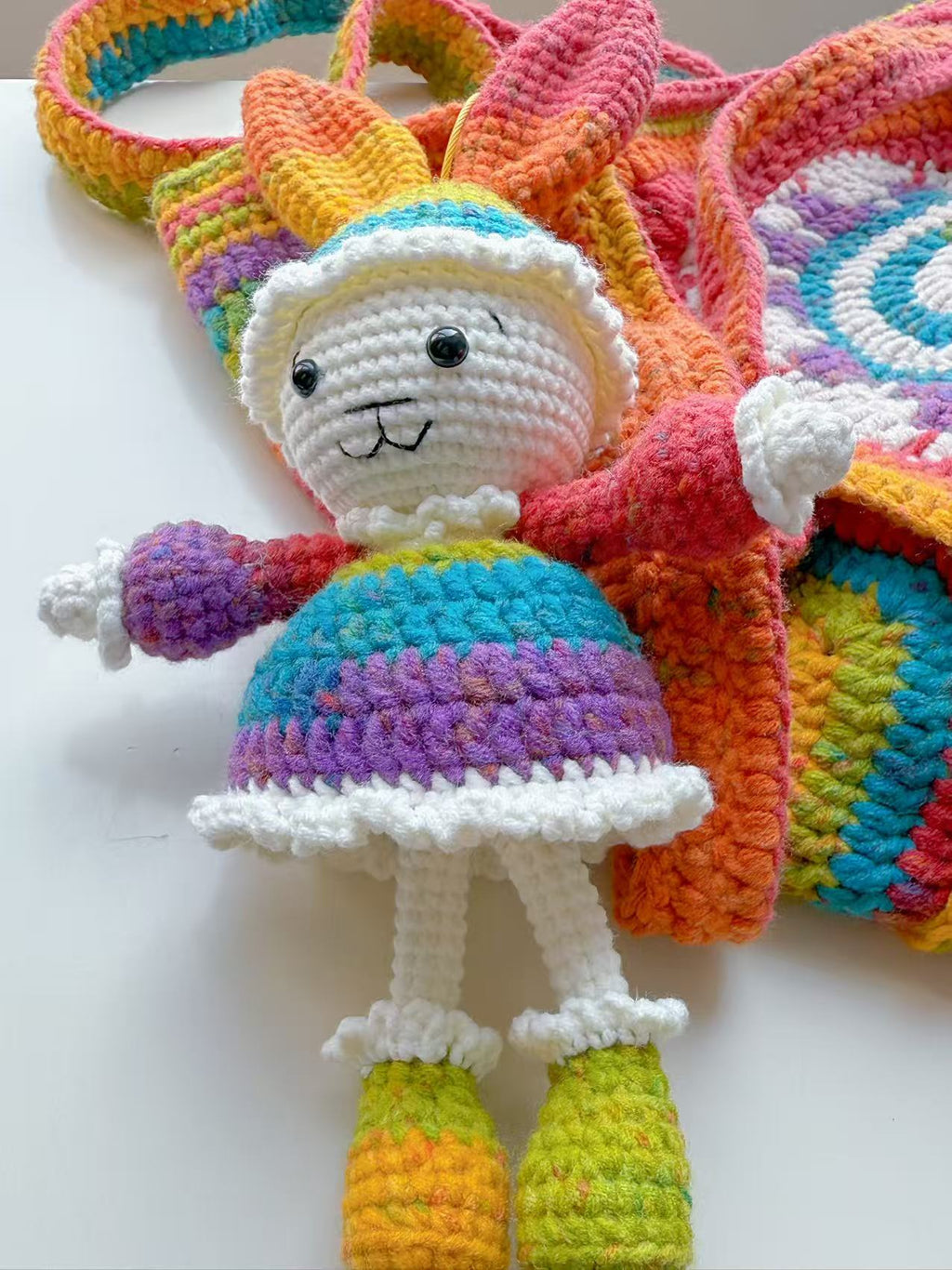 Handmade Crochet Tote Bag, Rainbow Mandala, Boho Hippie Shoulder Bag, Bunny Charm