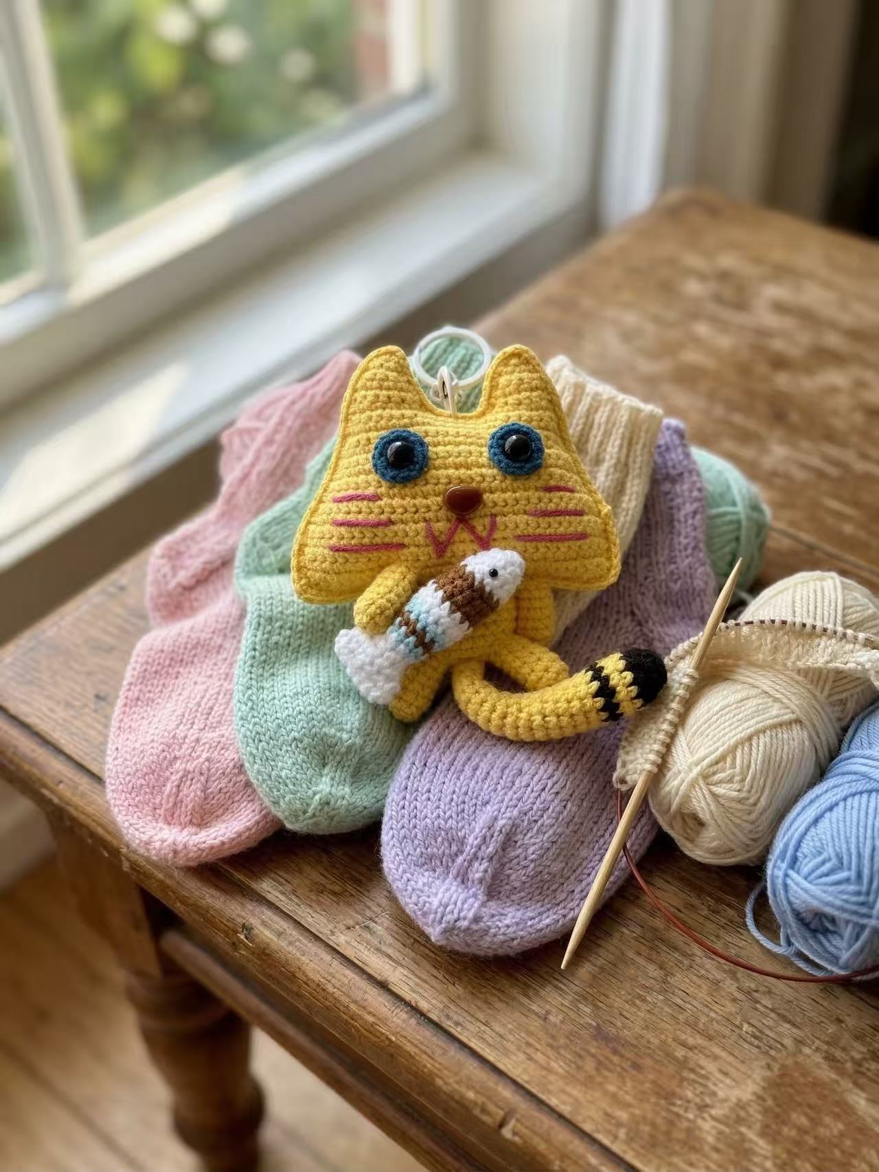 Yellow Crochet Cat Keychain with Fish, Kawaii Amigurumi Bag Charm, Animal Accessory
