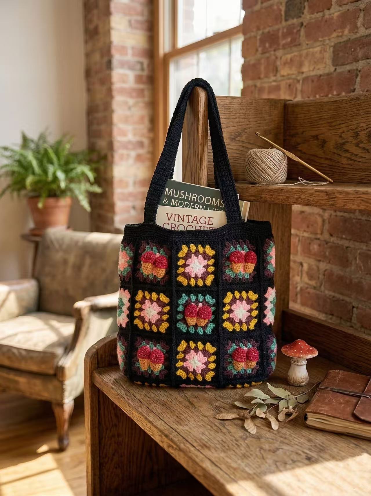 Vintage Crochet Shoulder Bag - Handmade Cotton Knit Tote for Women, Retro Aesthetic