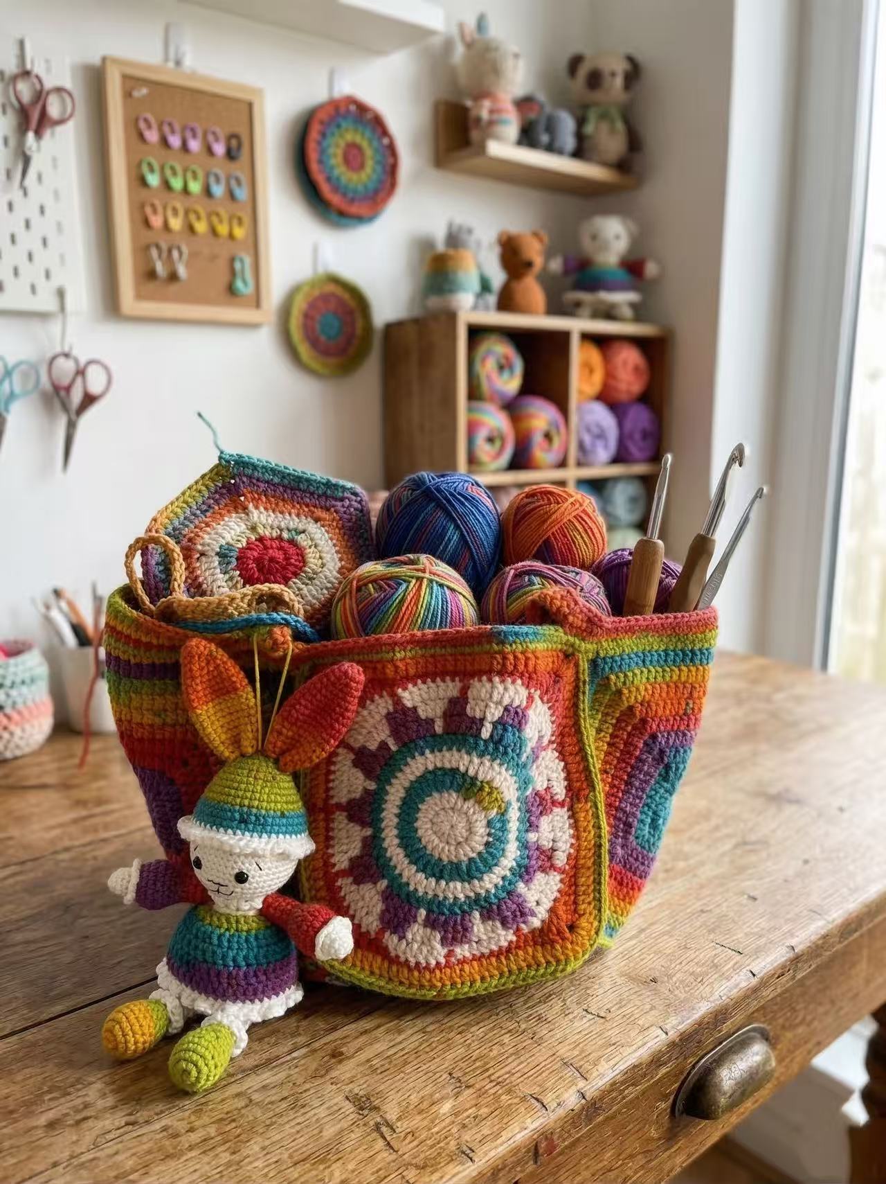 Handmade Crochet Tote Bag, Rainbow Mandala, Boho Hippie Shoulder Bag, Bunny Charm