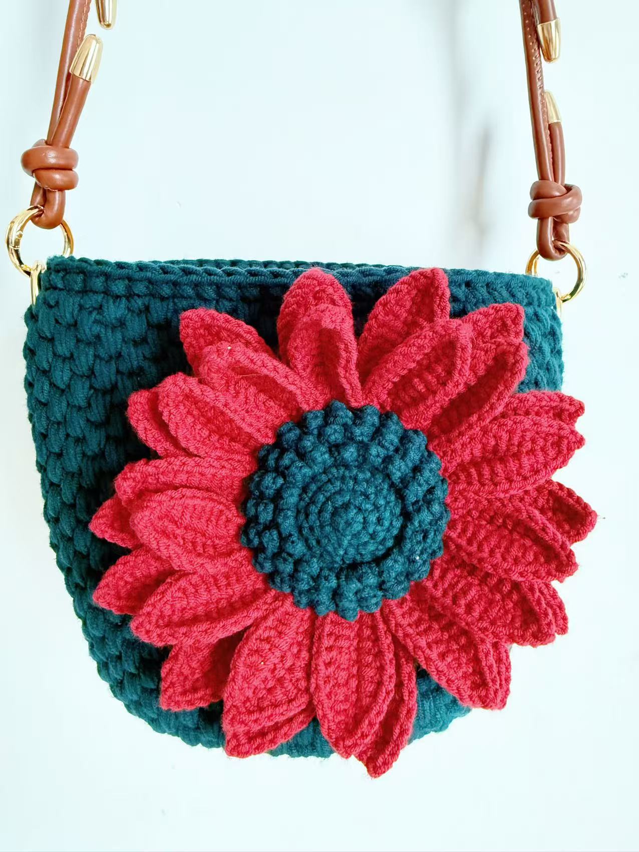 Crochet Shoulder Bag, Hand-Stitched Flower Purse, Chunky Cotton Fiber Art Accessory