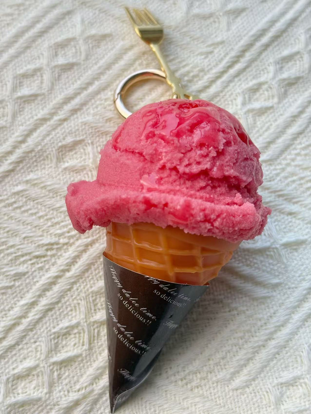 Ultra-Realistic Raspberry Sorbet Ice Cream Keychain with Gold Fork Charm – Handmade Faux Food Accessory for Bags, Planners & Keys