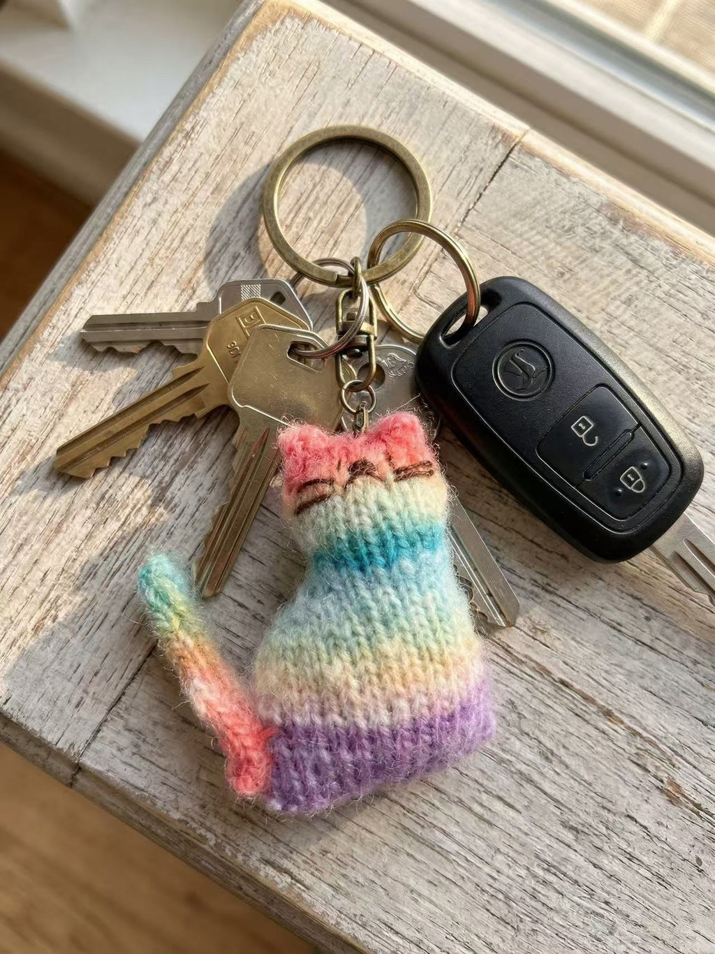 Handmade Crocheted Rainbow Cat Keychain, Pastel Knit Kitty Bag Charm, Cute Cat Lover Gift for Her, Kawaii Backpack Accessory, Boho Key Ring
