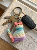 Handmade Crocheted Rainbow Cat Keychain, Pastel Knit Kitty Bag Charm, Cute Cat Lover Gift for Her, Kawaii Backpack Accessory, Boho Key Ring