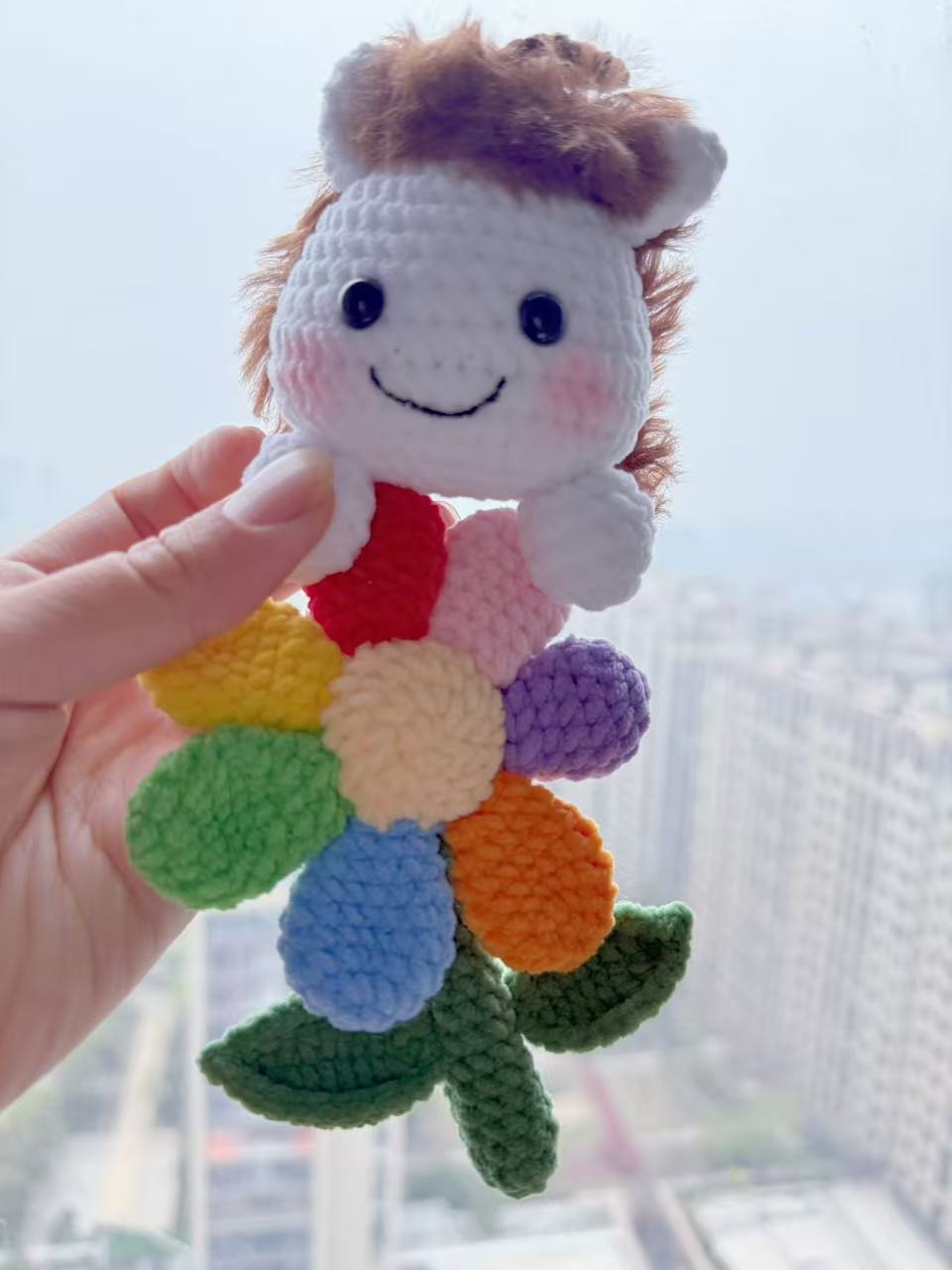 Handmade Crochet Lion Keychain with Rainbow Flower, Amigurumi Animal Bag Charm, Cute Boho Backpack Accessory, Personalized Gift for Her Kids