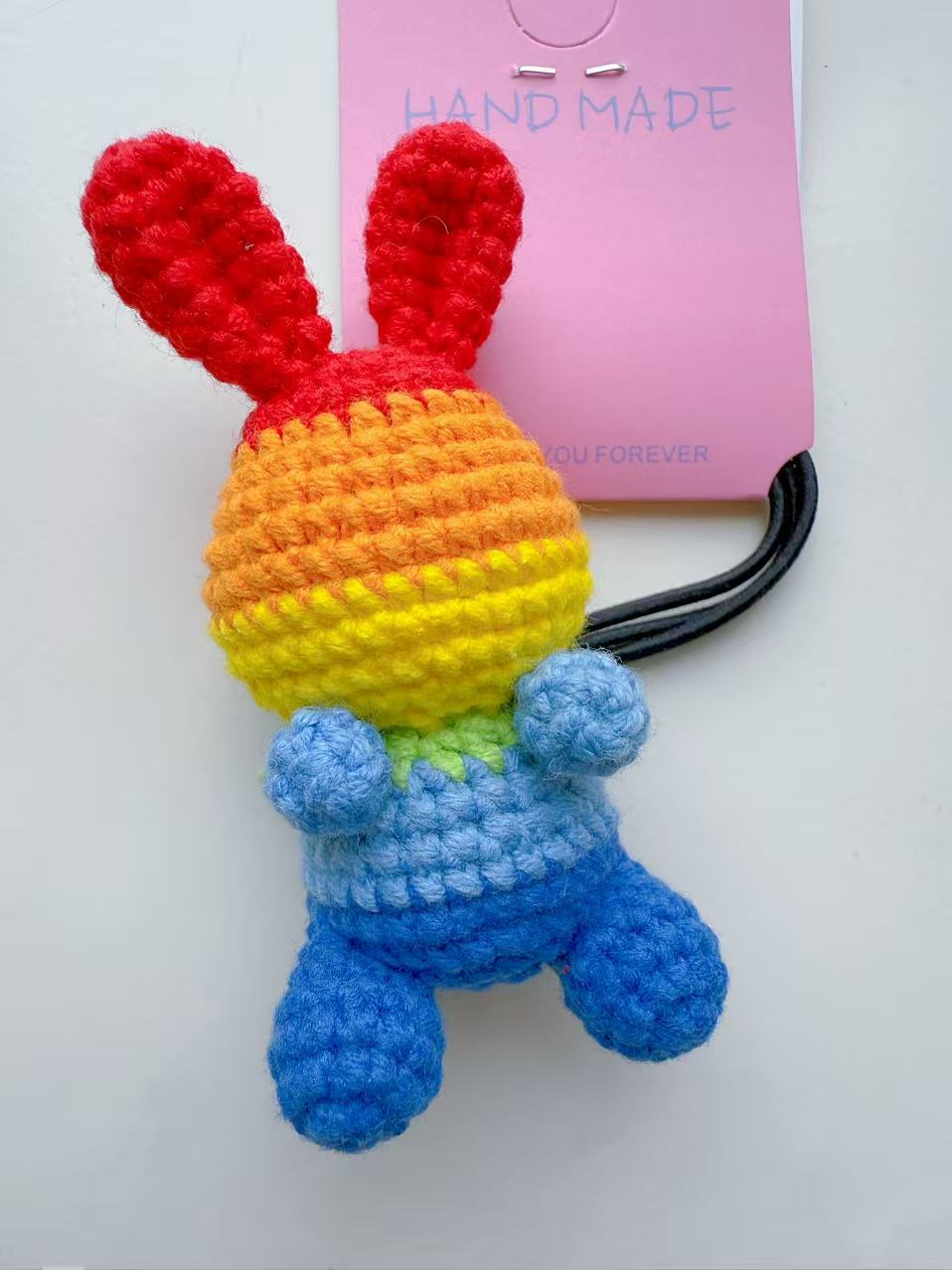 Rainbow Crochet Bunny Hair Tie, Amigurumi Ponytail Holder, Handmade Colorful Accessory, Bag Charm