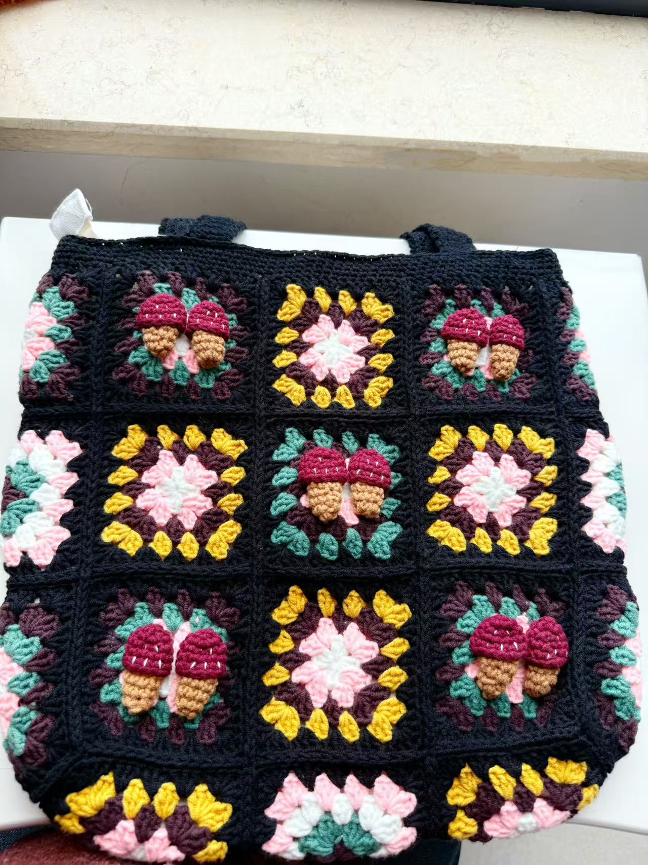 Vintage Crochet Shoulder Bag - Handmade Cotton Knit Tote for Women, Retro Aesthetic