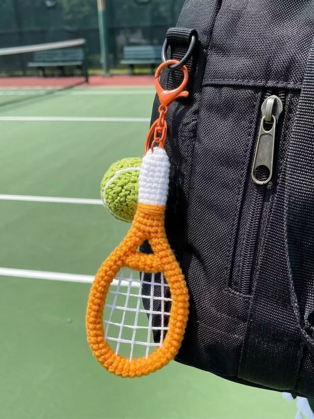 Handmade Crochet Tennis Racket Keychain, Amigurumi Tennis Ball Bag Charm, Gift for Tennis Player, Sporty Yarn Accessories, Orange & Green