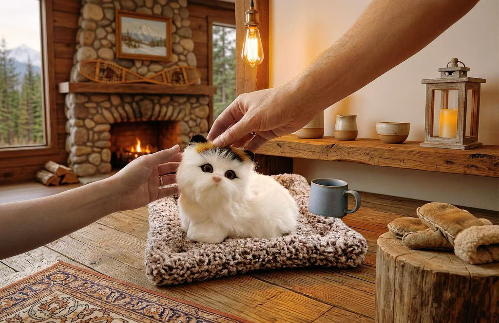 Lifelike Interactively Meowing Plush Cat with Reassignable Fur and Integrated Shaggy Base – Press & Hear Meow!