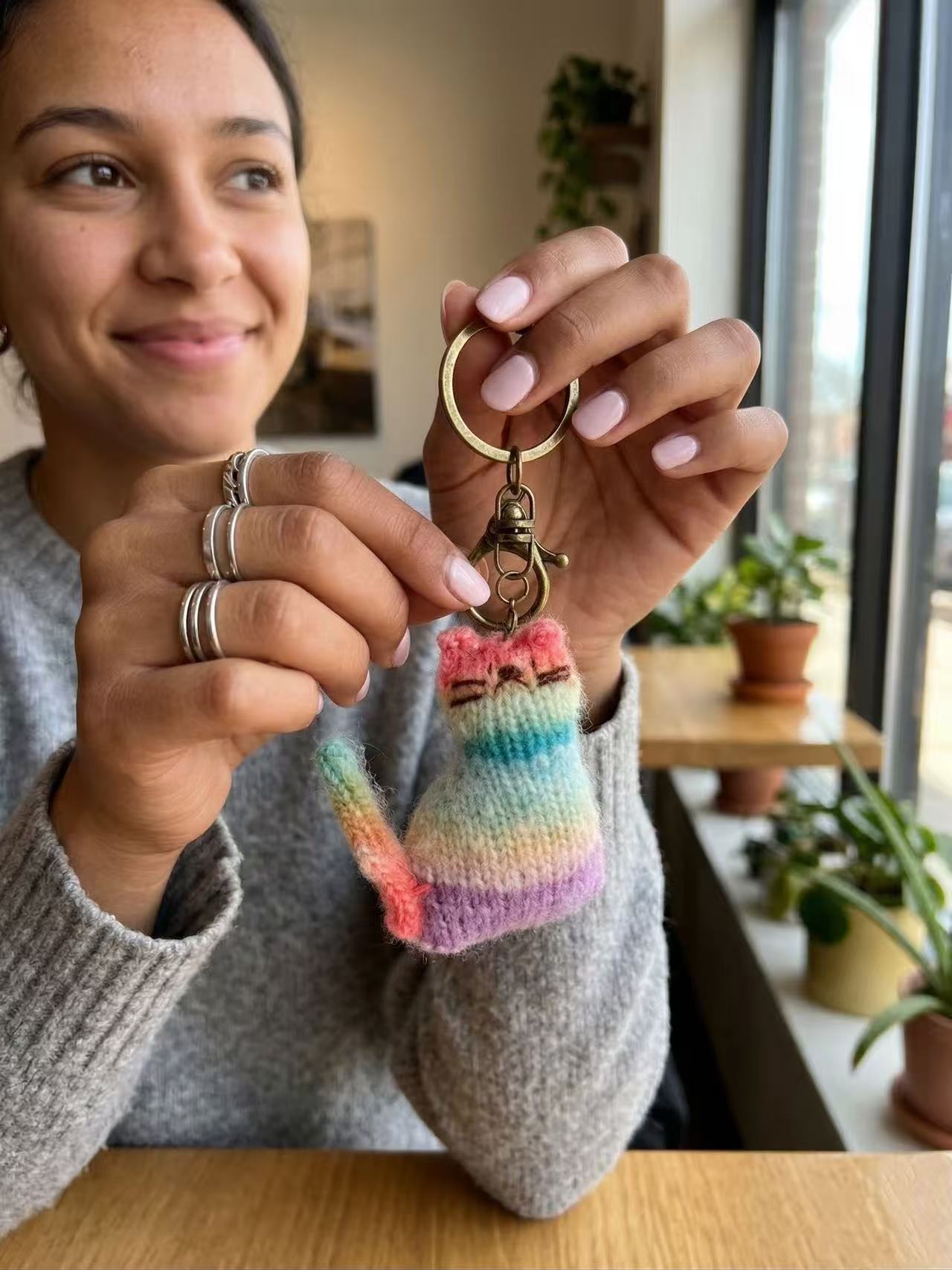 Handmade Crocheted Rainbow Cat Keychain, Pastel Knit Kitty Bag Charm, Cute Cat Lover Gift for Her, Kawaii Backpack Accessory, Boho Key Ring