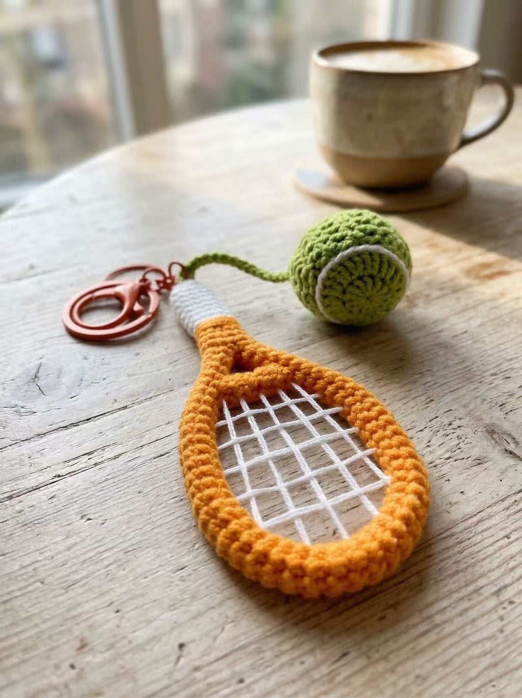 Handmade Crochet Tennis Racket Keychain, Amigurumi Tennis Ball Bag Charm, Gift for Tennis Player, Sporty Yarn Accessories, Orange & Green