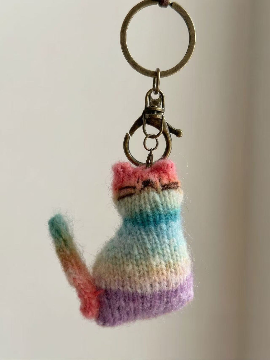 Handmade Crocheted Rainbow Cat Keychain, Pastel Knit Kitty Bag Charm, Cute Cat Lover Gift for Her, Kawaii Backpack Accessory, Boho Key Ring