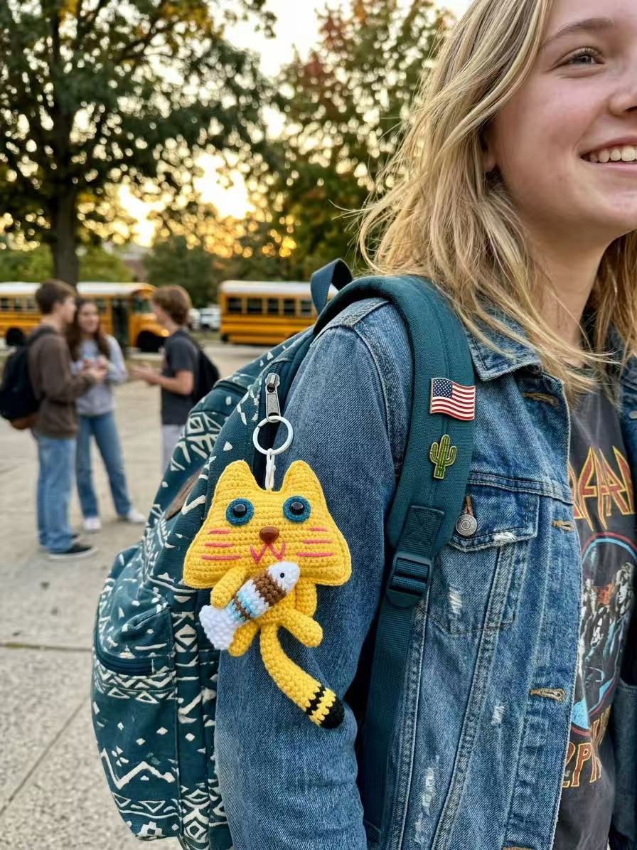 Yellow Crochet Cat Keychain with Fish, Kawaii Amigurumi Bag Charm, Animal Accessory