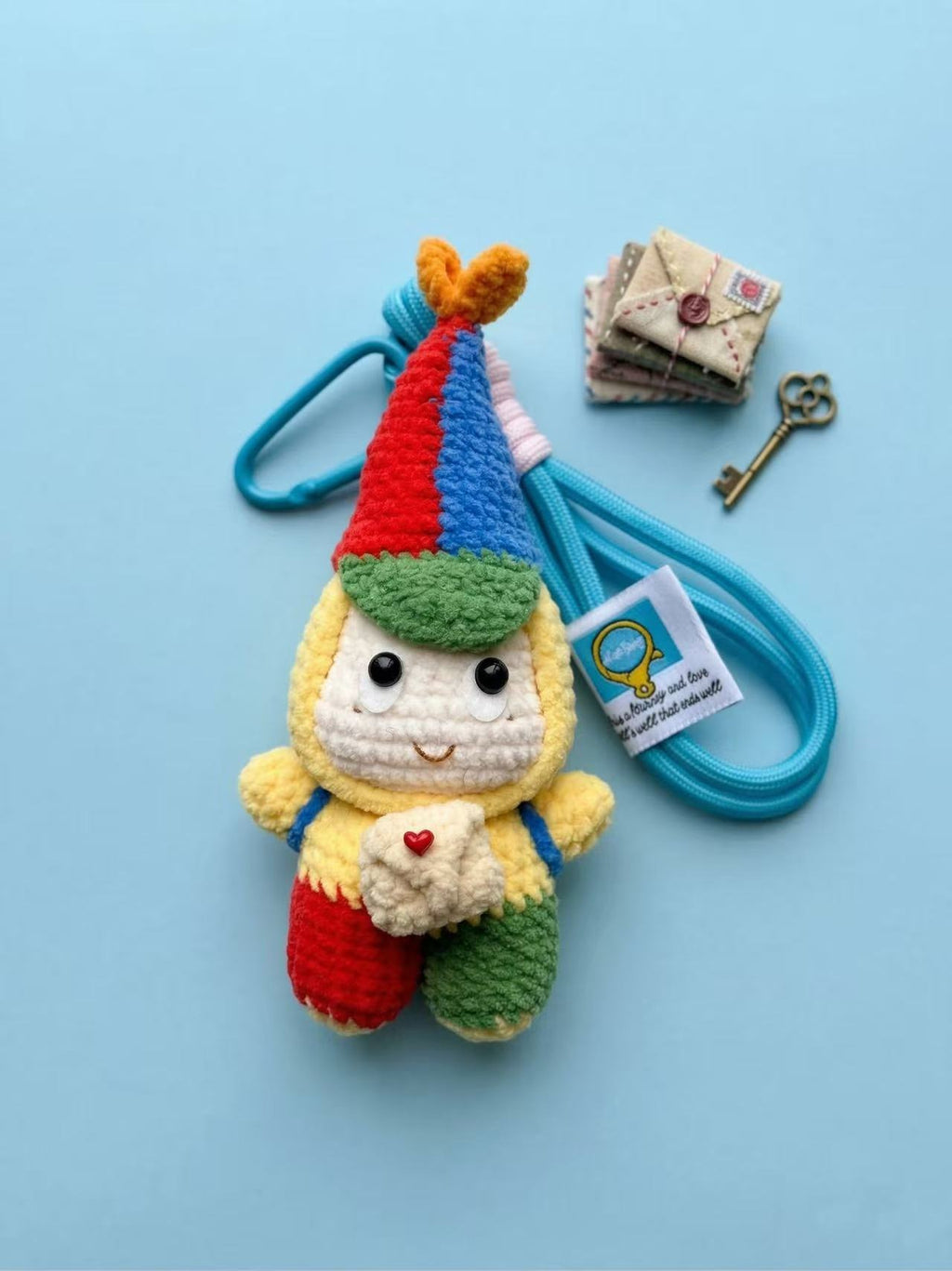 Crochet Clown Keychain, Amigurumi Postman Bag Charm, Chenille Yarn Doll Accessory