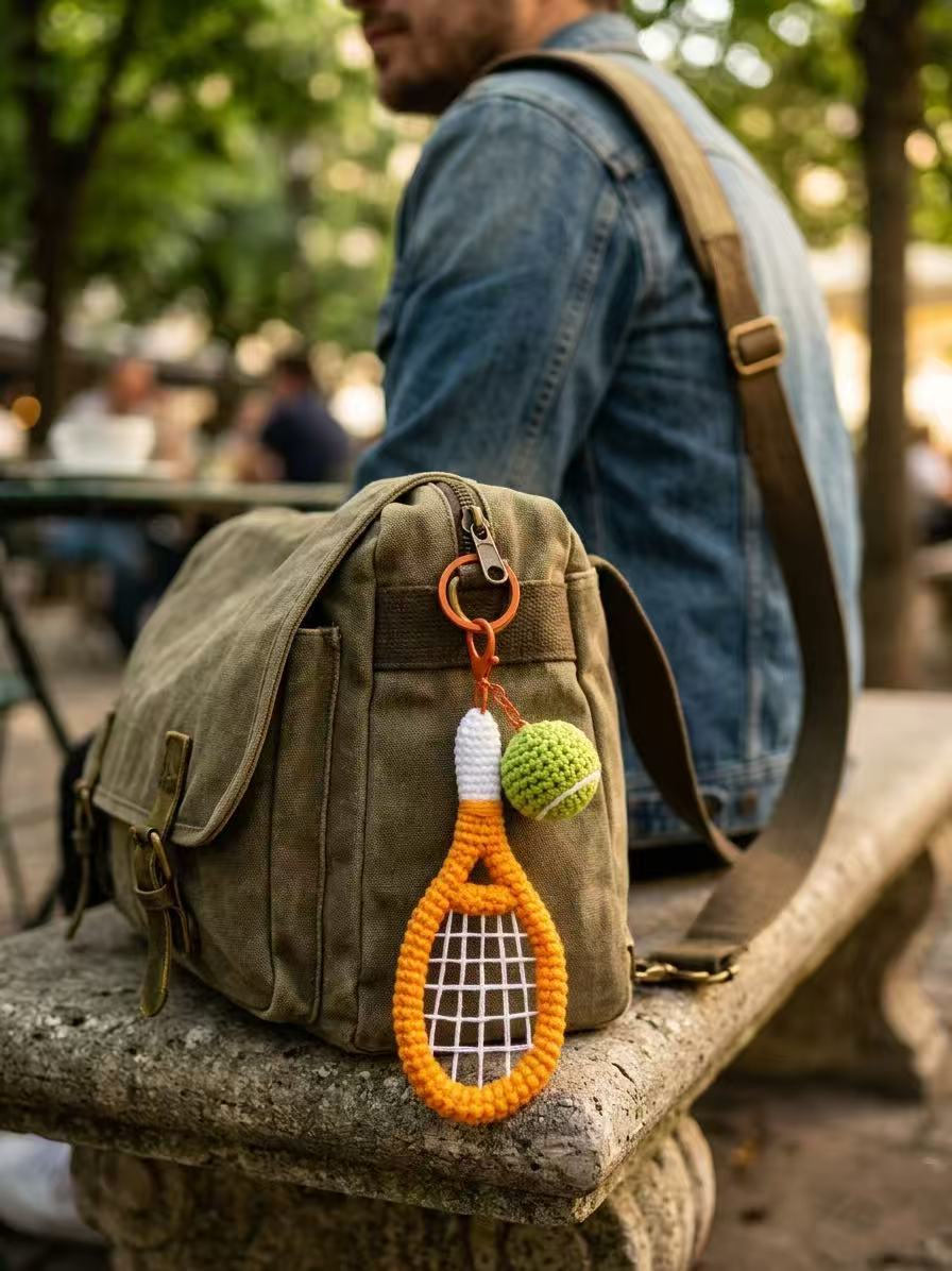 Handmade Crochet Tennis Racket Keychain, Amigurumi Tennis Ball Bag Charm, Gift for Tennis Player, Sporty Yarn Accessories, Orange & Green