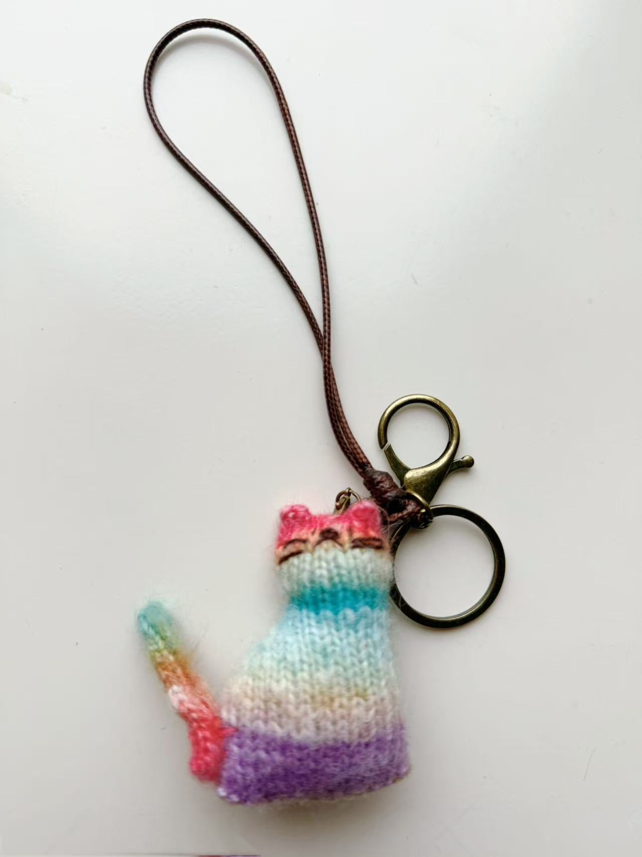 Handmade Crocheted Rainbow Cat Keychain, Pastel Knit Kitty Bag Charm, Cute Cat Lover Gift for Her, Kawaii Backpack Accessory, Boho Key Ring