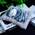 Realistic Sleeping Grey Tabby Cat with Meow Sound – Lifelike Faux Fur Kitten on Plush Cushion | Stress Relief & Calming Desktop Companion
