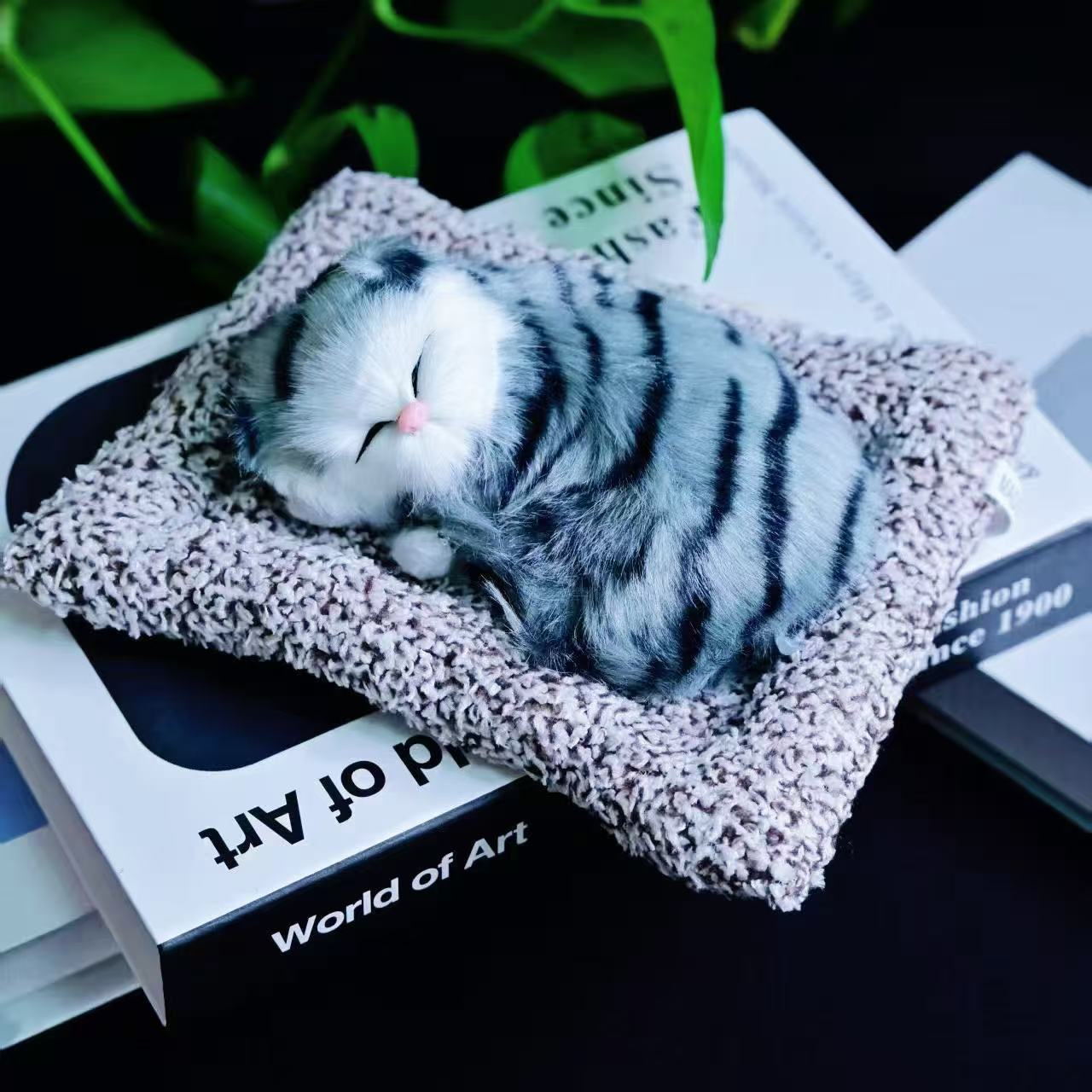Realistic Sleeping Grey Tabby Cat with Meow Sound – Lifelike Faux Fur Kitten on Plush Cushion | Stress Relief & Calming Desktop Companion
