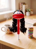Handmade Crochet "Big Lips" Pencil Topper & Pen - Quirky Y2K Aesthetic Desk Accessory, Funny Rainbow Beaded Doll Pen