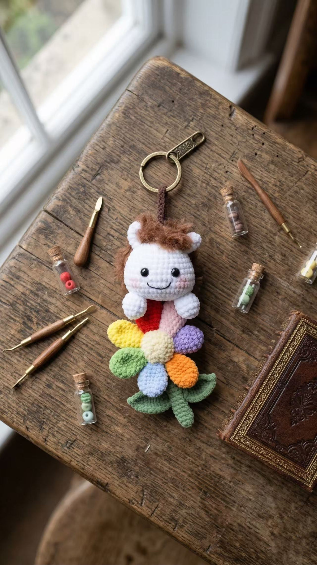 Handmade Crochet Lion Keychain with Rainbow Flower, Amigurumi Animal Bag Charm, Cute Boho Backpack Accessory, Personalized Gift for Her Kids