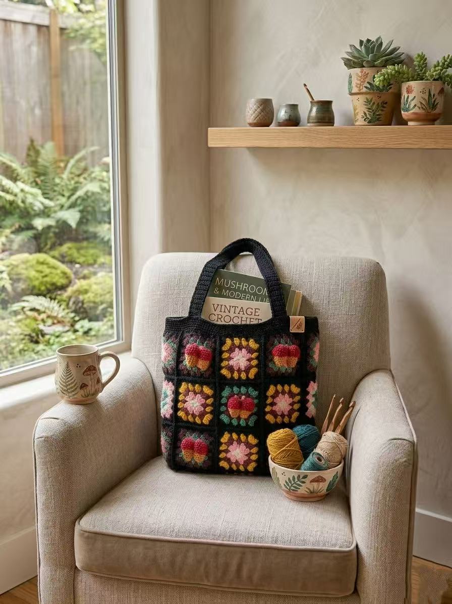 Vintage Crochet Shoulder Bag - Handmade Cotton Knit Tote for Women, Retro Aesthetic