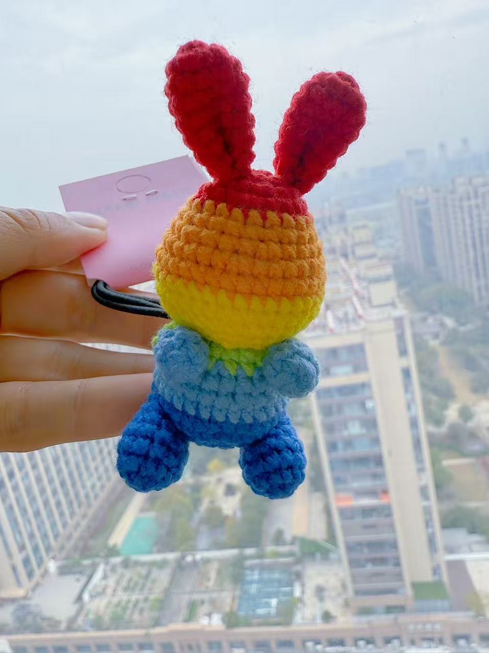Rainbow Crochet Bunny Hair Tie, Amigurumi Ponytail Holder, Handmade Colorful Accessory, Bag Charm