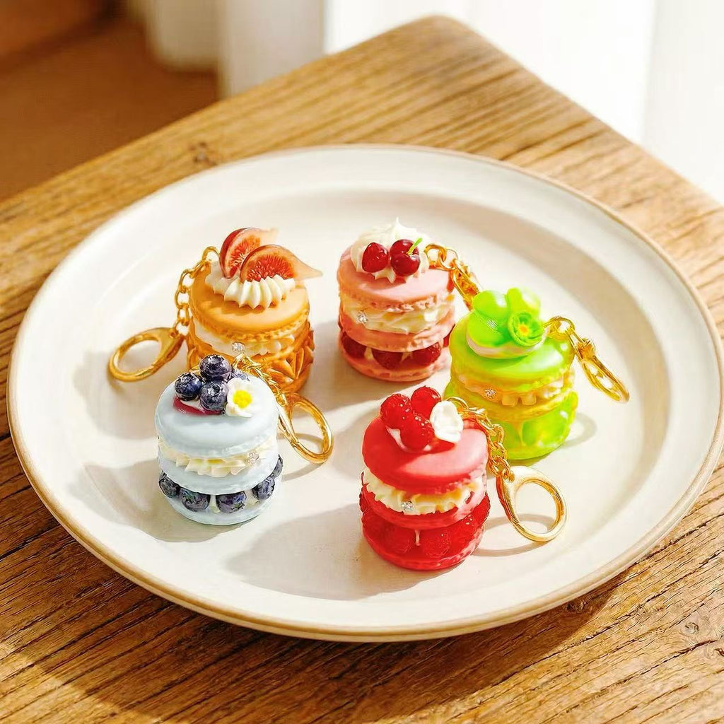 SENSE RIOT Berry Delight Macaron Keychain Set - 5-Pack Artisanal Fruit Dessert Bag Charms, Kawaii Bakery Aesthetic