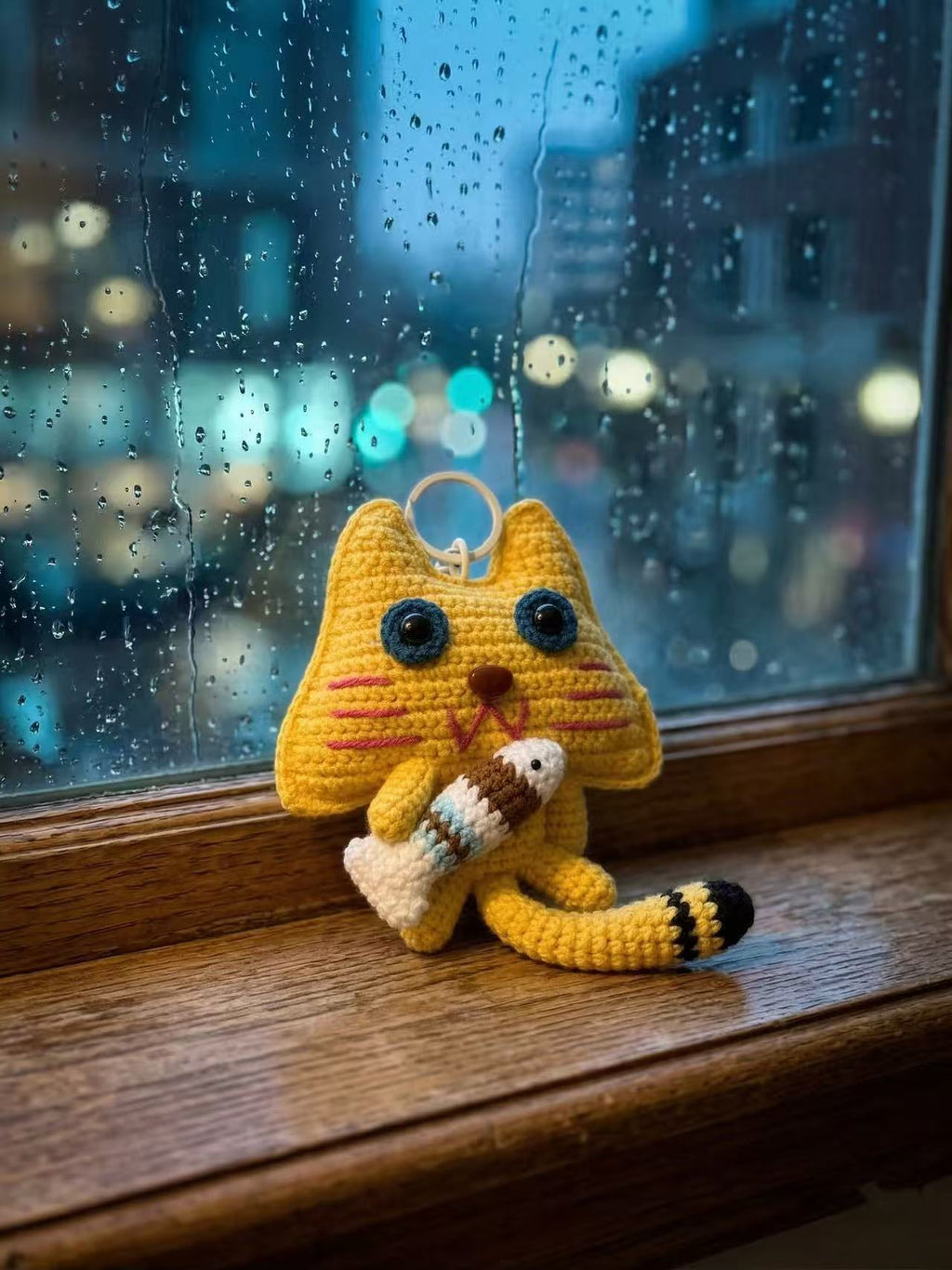 Yellow Crochet Cat Keychain with Fish, Kawaii Amigurumi Bag Charm, Animal Accessory