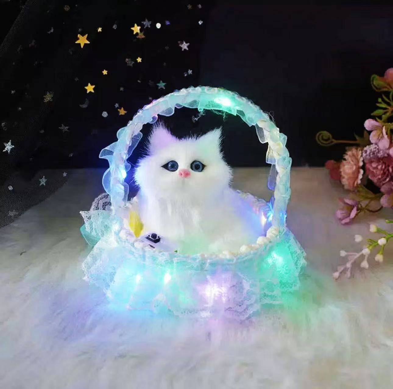 Magical Starry Night "Blue Dream" Kitty – Interactive Meowing Pet with Glowing LED Lace Cradle & Aesthetic Night Light