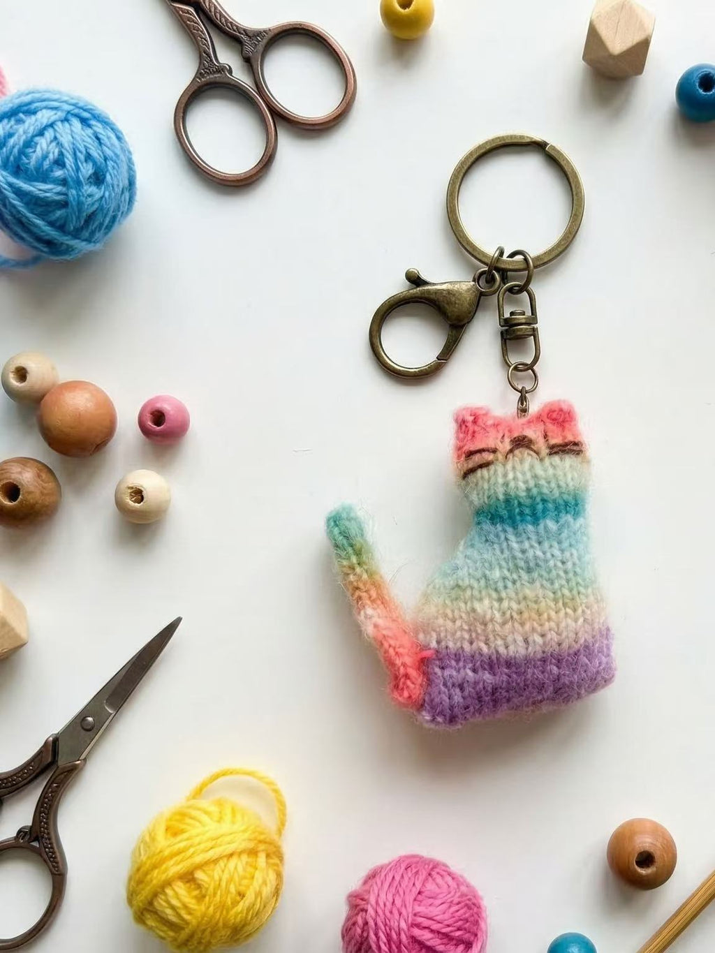Handmade Crocheted Rainbow Cat Keychain, Pastel Knit Kitty Bag Charm, Cute Cat Lover Gift for Her, Kawaii Backpack Accessory, Boho Key Ring