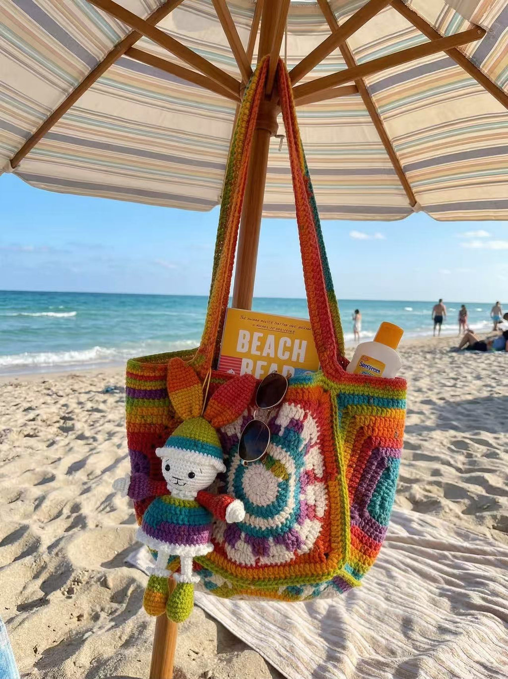Handmade Crochet Tote Bag, Rainbow Mandala, Boho Hippie Shoulder Bag, Bunny Charm