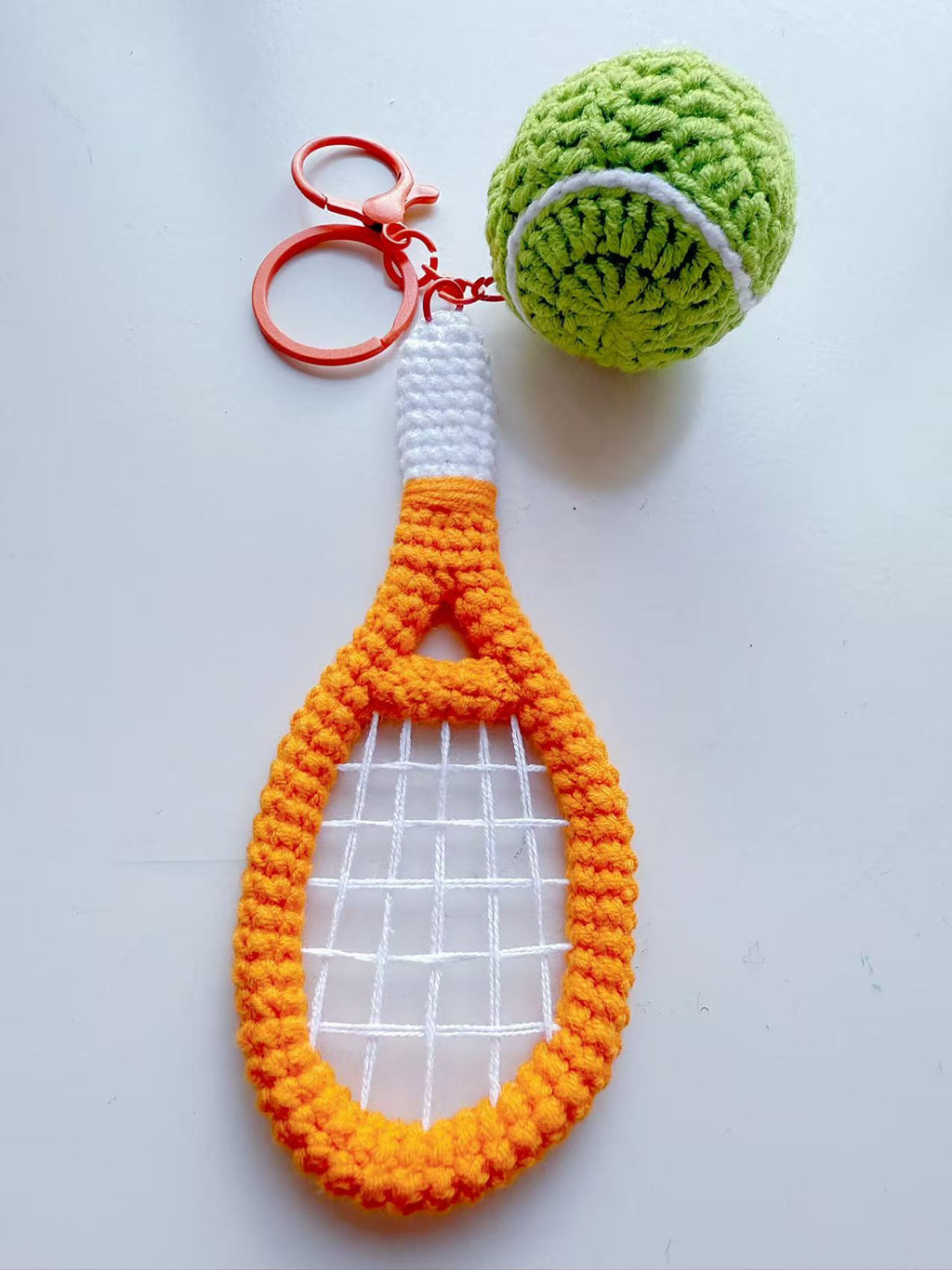 Handmade Crochet Tennis Racket Keychain, Amigurumi Tennis Ball Bag Charm, Gift for Tennis Player, Sporty Yarn Accessories, Orange & Green