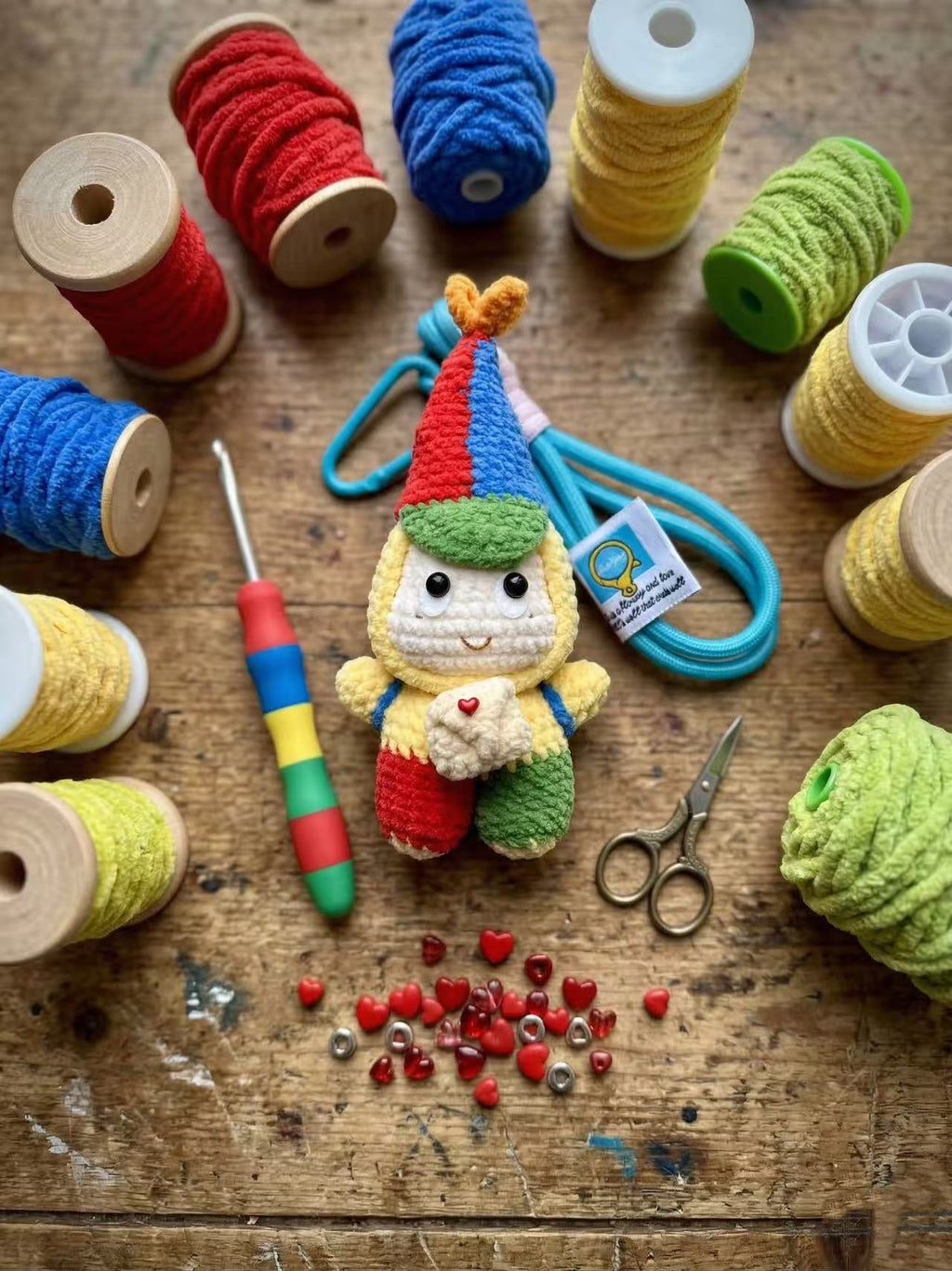 Crochet Clown Keychain, Amigurumi Postman Bag Charm, Chenille Yarn Doll Accessory