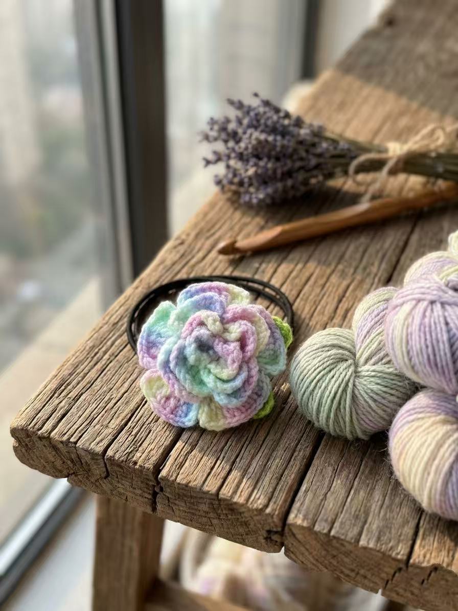 SENSE RIOT Hand-Crocheted Rose Hair Tie, Pastel Boho Scrunchie, Floral Ponytail Holder