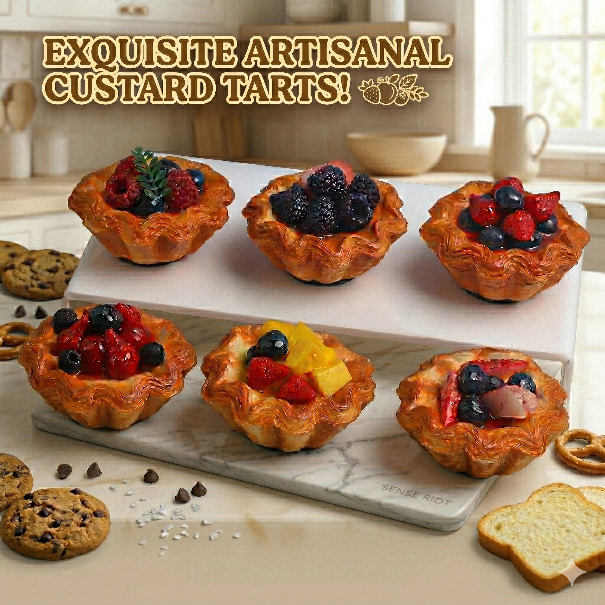 SENSE RIOT | 6-Piece Realistic Fruit Tart Collection - Scented Faux Pastry Decor, Stress Relief Squishy & Refrigerator Magnets Set