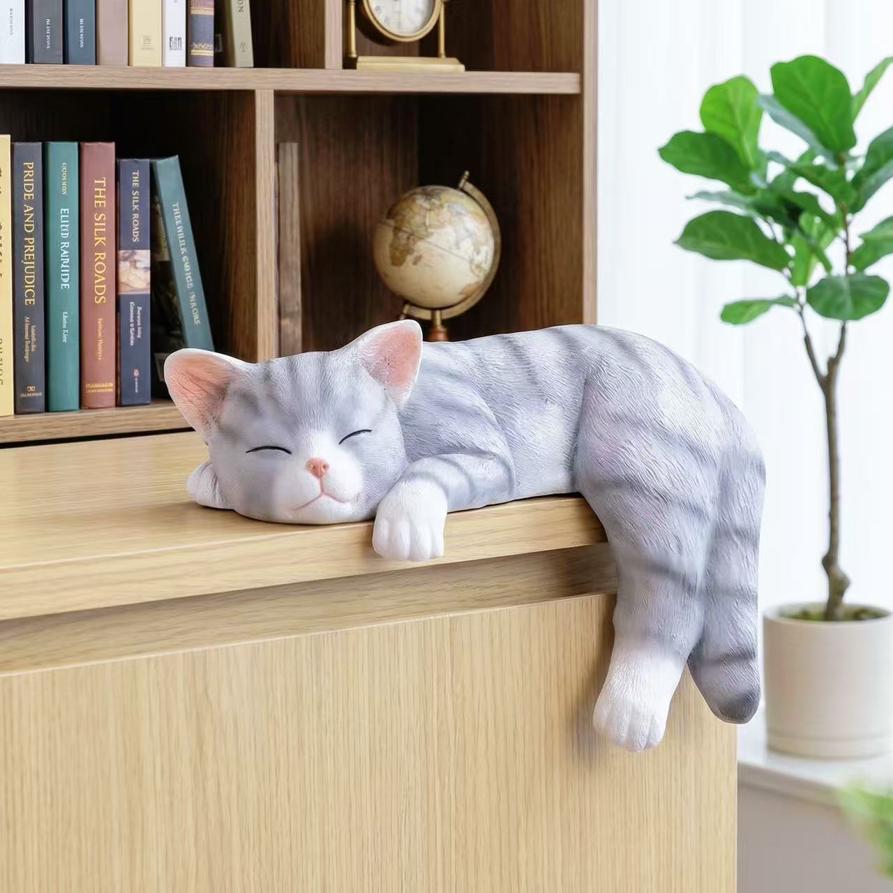 Lazy Sleeping Gray Tabby Cat Shelf Sitter - Hand-Painted Resin Sculpture, Whimsical Home & Office Decor Accents