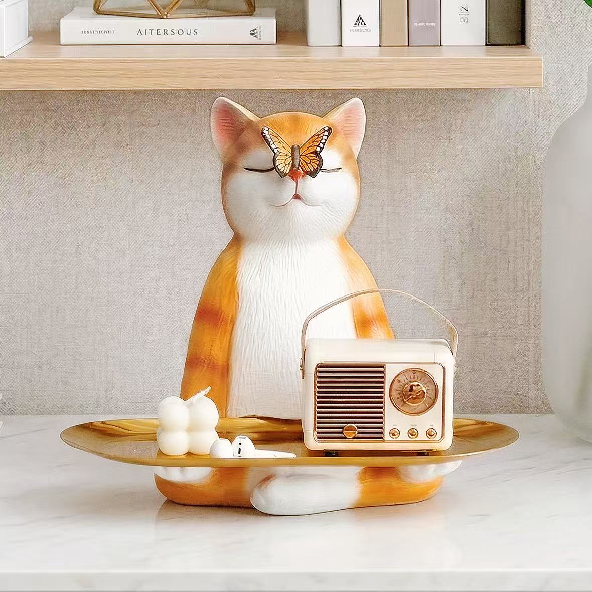 [SENSE RIOT] Zen Yoga Cat Figurine with Butterfly - Creative Meditation Ginger Cat Storage Tray, Whimsical Jewelry & Key Organizer, Large Aesthetic Home Decor & Spiritual Gift