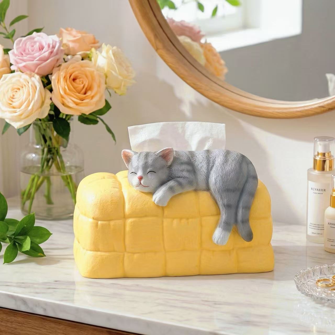 SENSE RIOT Creative Sleeping Gray Cat Tissue Box Holder - Hand-Painted Resin Sculpture on Yellow Pillow, Unique Nap Companion Gift for Cat Lovers