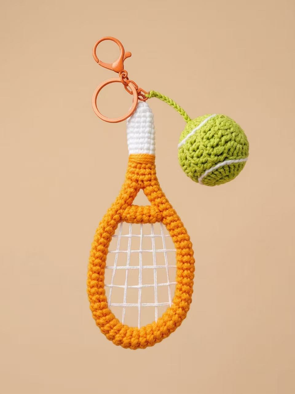 Handmade Crochet Tennis Racket Keychain, Amigurumi Tennis Ball Bag Charm, Gift for Tennis Player, Sporty Yarn Accessories, Orange & Green