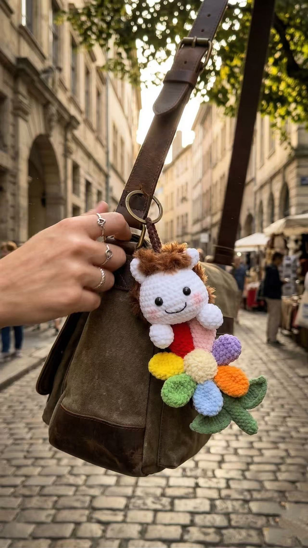 Handmade Crochet Lion Keychain with Rainbow Flower, Amigurumi Animal Bag Charm, Cute Boho Backpack Accessory, Personalized Gift for Her Kids