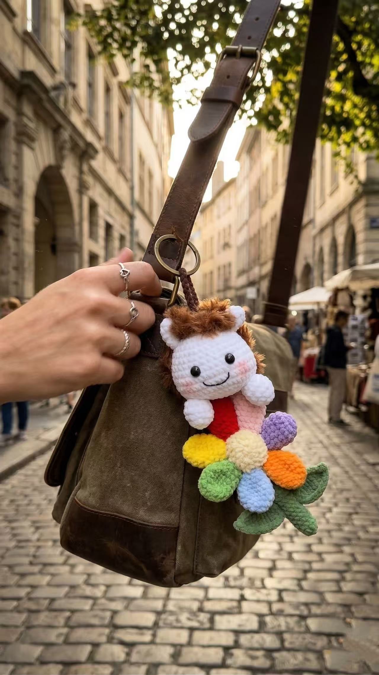 Handmade Crochet Lion Keychain with Rainbow Flower, Amigurumi Animal Bag Charm, Cute Boho Backpack Accessory, Personalized Gift for Her Kids