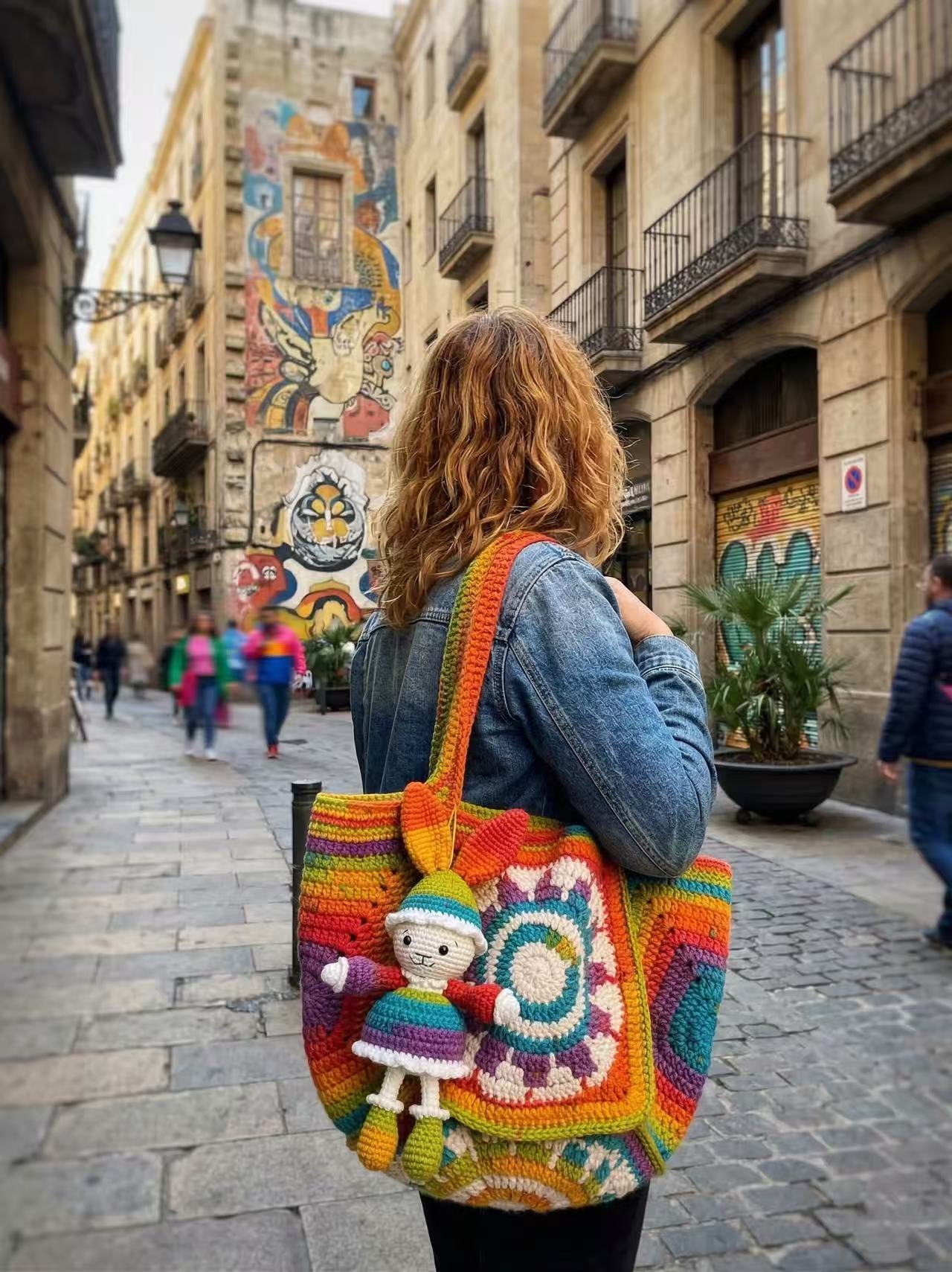 Handmade Crochet Tote Bag, Rainbow Mandala, Boho Hippie Shoulder Bag, Bunny Charm
