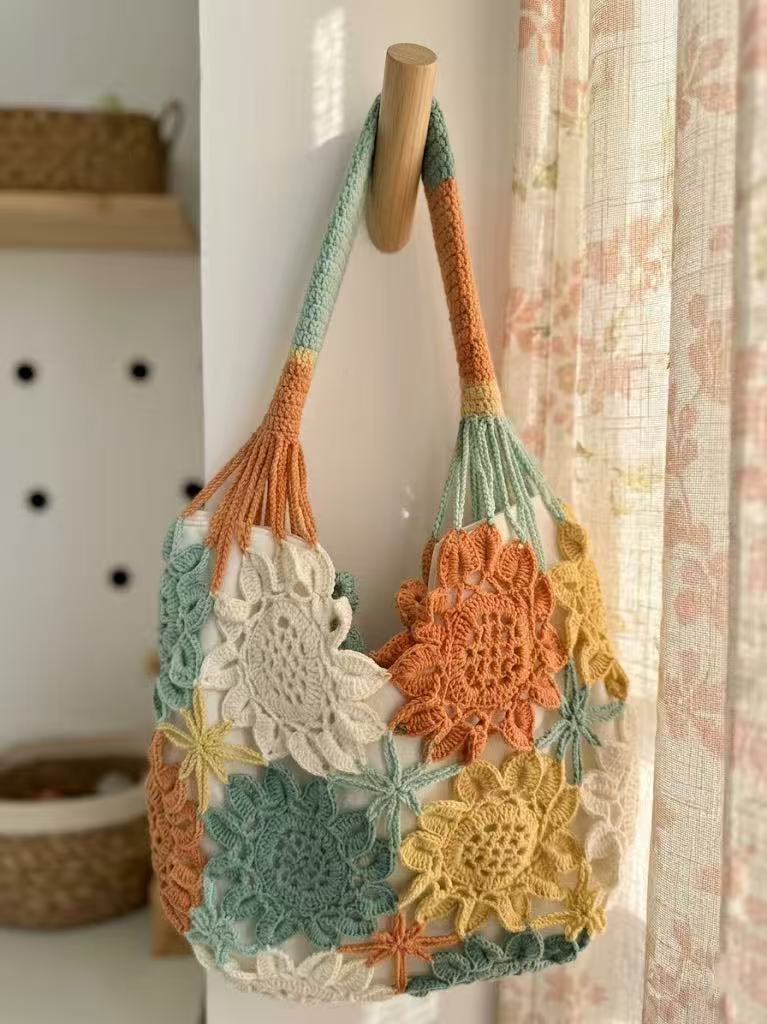 Handmade Sunflower Crochet Bag, 3D Floral Tote, Boho Pastel Morandi Flower Purse, Cottagecore Gift for Her