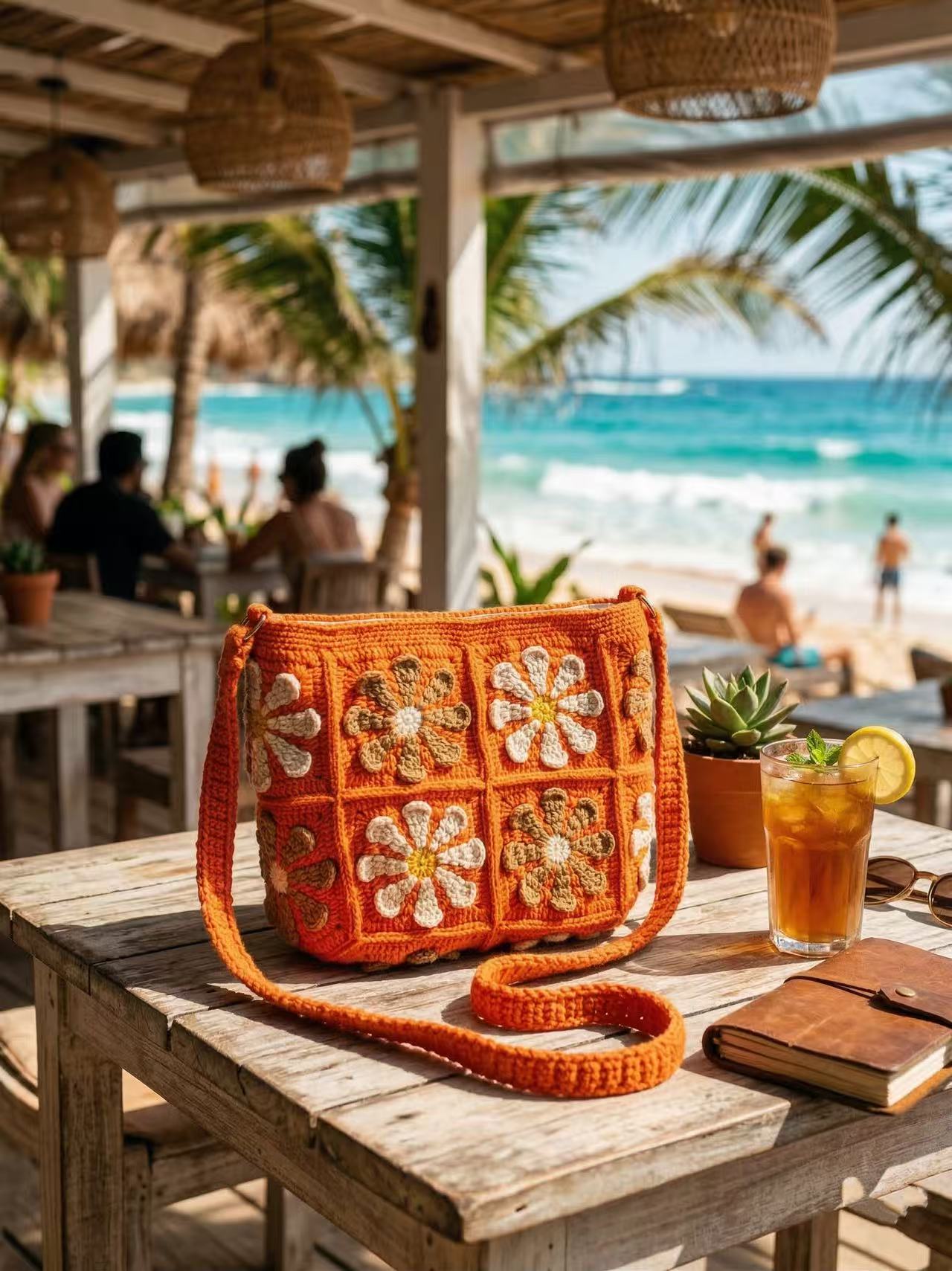 Handmade Crochet Daisy Tote Bag, Orange Boho Shoulder Bag, Flower Knit Purse
